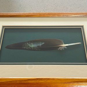 Framed painted feathers. Oak frames. 14.5in x 9.5in.